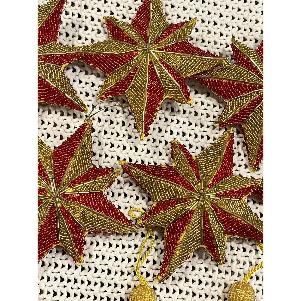 Vintage Art Deco Beaded Star Tassel Christmas Ornaments Gold Red Sparkles Set